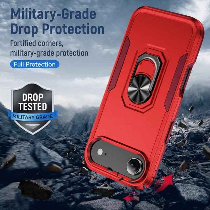For iPhone 17 Air Pioneer Armor Heavy Duty PC + TPU Phone Case with Holder(Red+Rose Red)