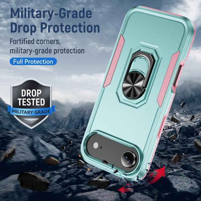 For iPhone 17 Air Pioneer Armor Heavy Duty PC + TPU Phone Case with Holder(Green+Pink)