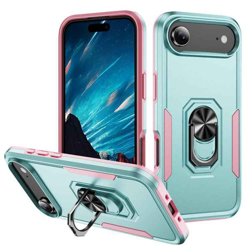 For iPhone 17 Air Pioneer Armor Heavy Duty PC + TPU Phone Case with Holder(Green+Pink)