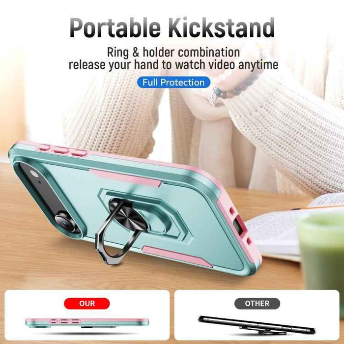For iPhone 17 Air Pioneer Armor Heavy Duty PC + TPU Phone Case with Holder(Green+Pink)