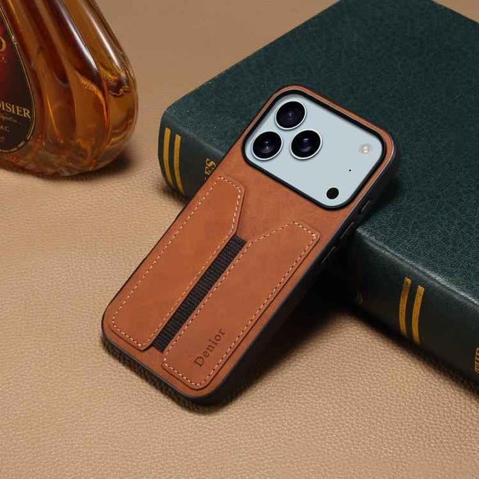 For iPhone 17 Pro Max Denior D07 DV Elastic Card Slot PU Back Cover Phone Case(Brown)