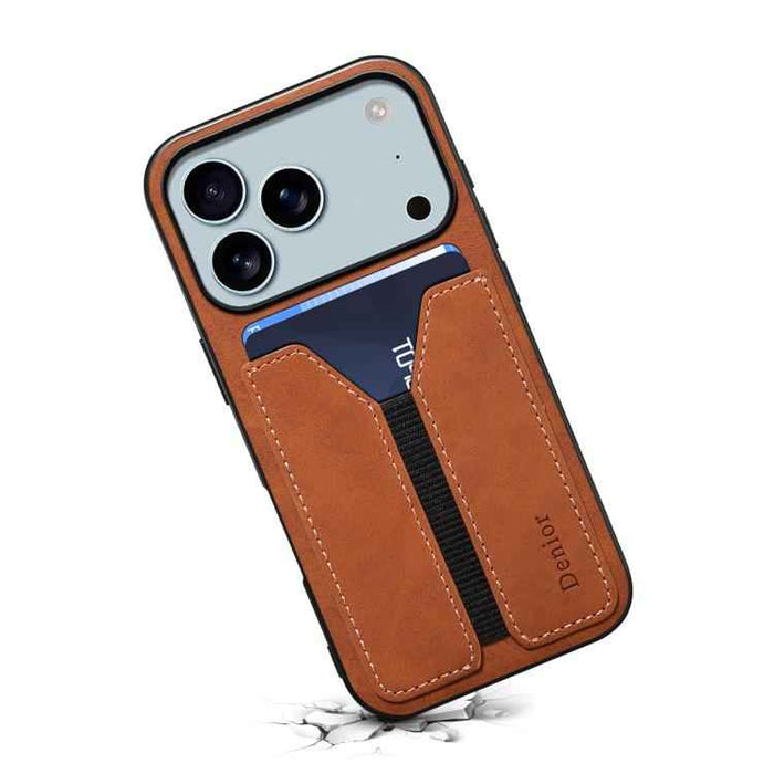 For iPhone 17 Pro Max Denior D07 DV Elastic Card Slot PU Back Cover Phone Case(Brown)