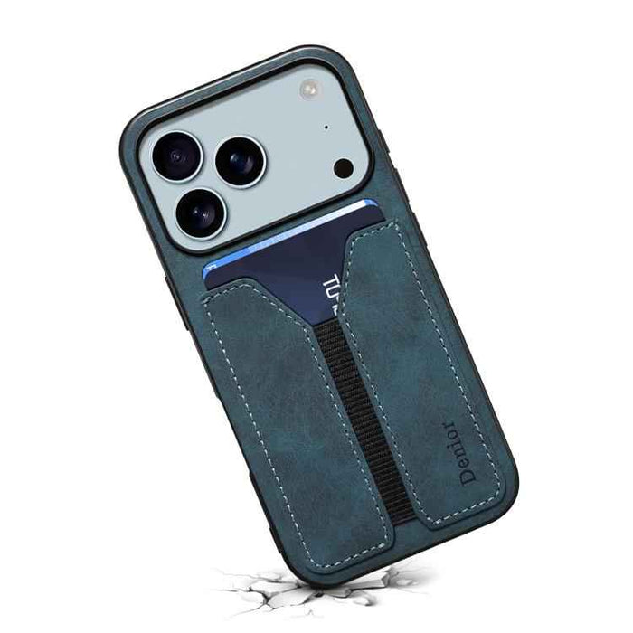 For iPhone 17 Pro Max Denior D07 DV Elastic Card Slot PU Back Cover Phone Case(Blue)