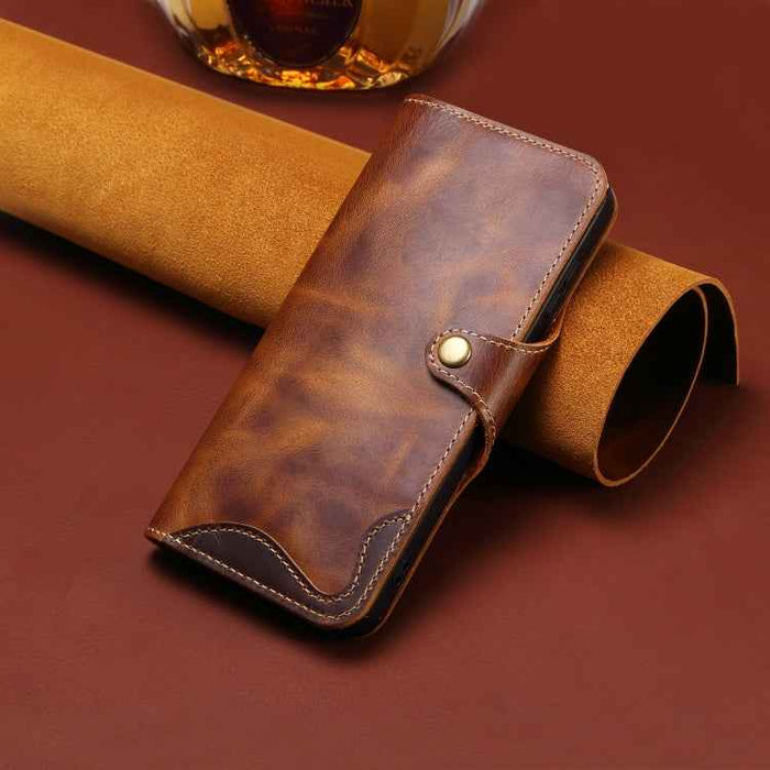For iPhone 16 Pro Max Denior B01 Oil Wax Cowhide Magnetic Button Genuine Leather Case(Brown)