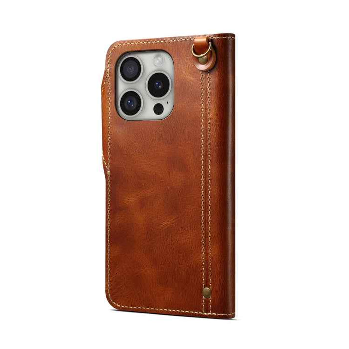 For iPhone 16 Pro Max Denior B01 Oil Wax Cowhide Magnetic Button Genuine Leather Case(Brown)