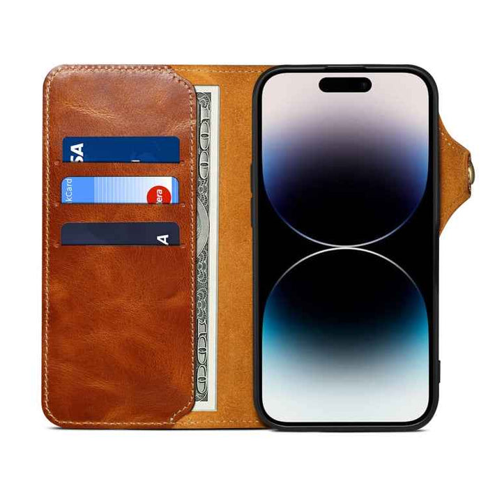 For iPhone 16 Pro Max Denior B01 Oil Wax Cowhide Magnetic Button Genuine Leather Case(Brown)