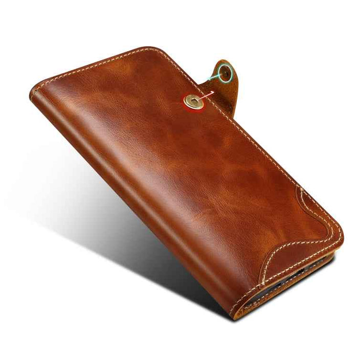 For iPhone 16 Pro Max Denior B01 Oil Wax Cowhide Magnetic Button Genuine Leather Case(Brown)