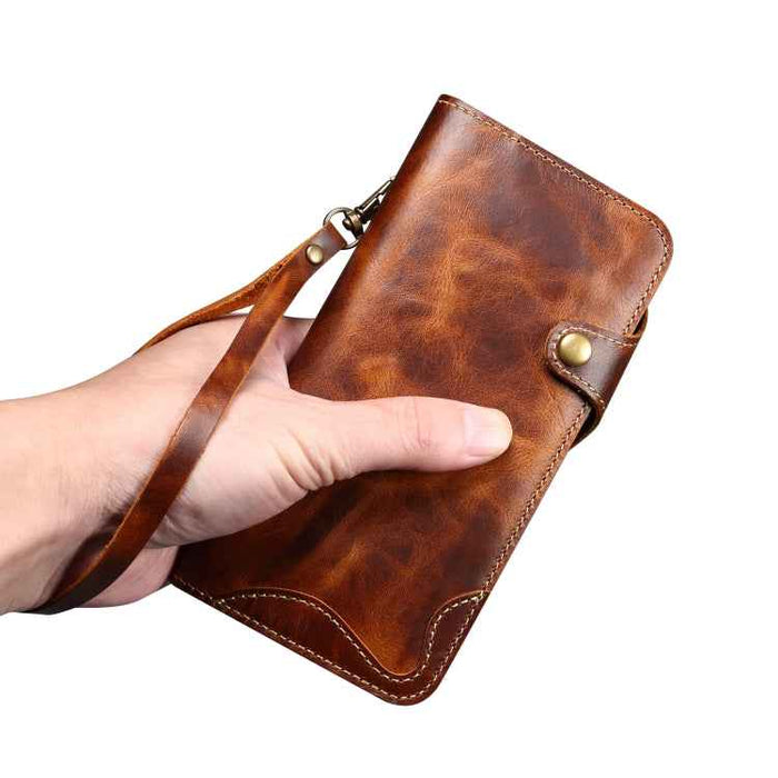 For iPhone 16 Pro Max Denior B01 Oil Wax Cowhide Magnetic Button Genuine Leather Case(Brown)