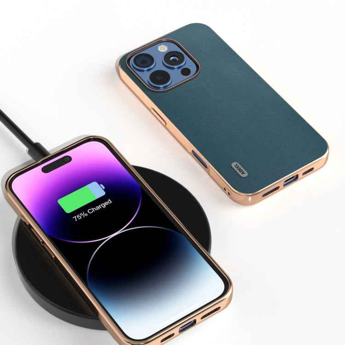 For iPhone 16 Pro Max ABEEL Electroplating Frame Genuine Leather Xiaoya Series Phone Case(Dark Green)