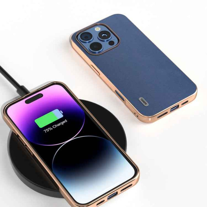 For iPhone 16 Pro Max ABEEL Electroplating Frame Genuine Leather Xiaoya Series Phone Case(Blue)