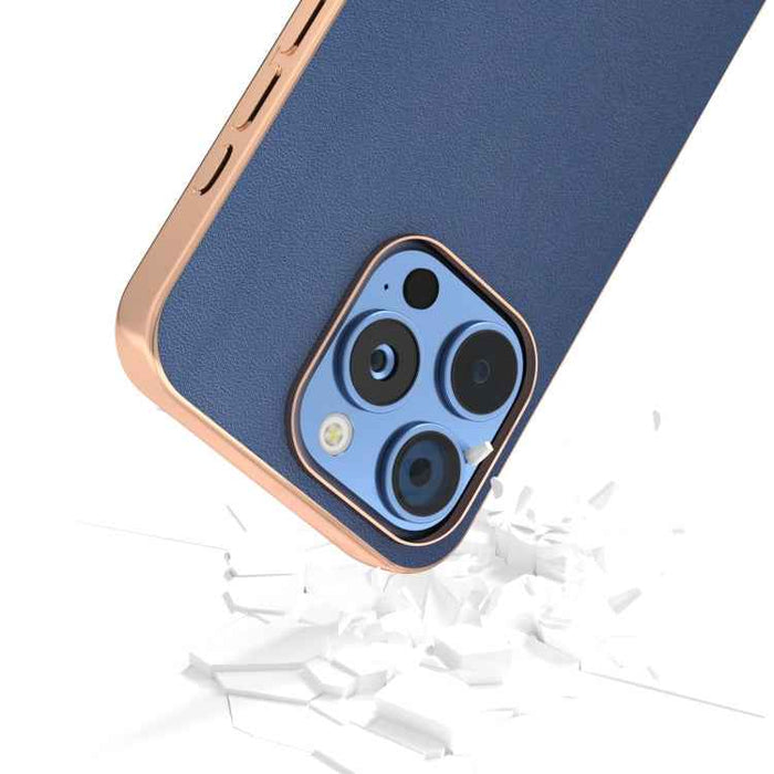 For iPhone 16 Pro Max ABEEL Electroplating Frame Genuine Leather Xiaoya Series Phone Case(Blue)
