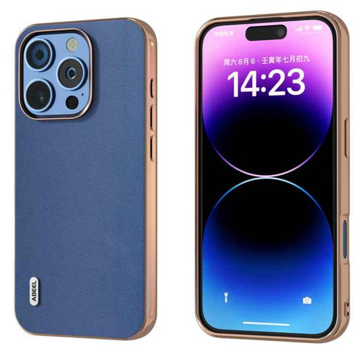 For iPhone 16 Pro Max ABEEL Electroplating Frame Genuine Leather Xiaoya Series Phone Case(Blue)