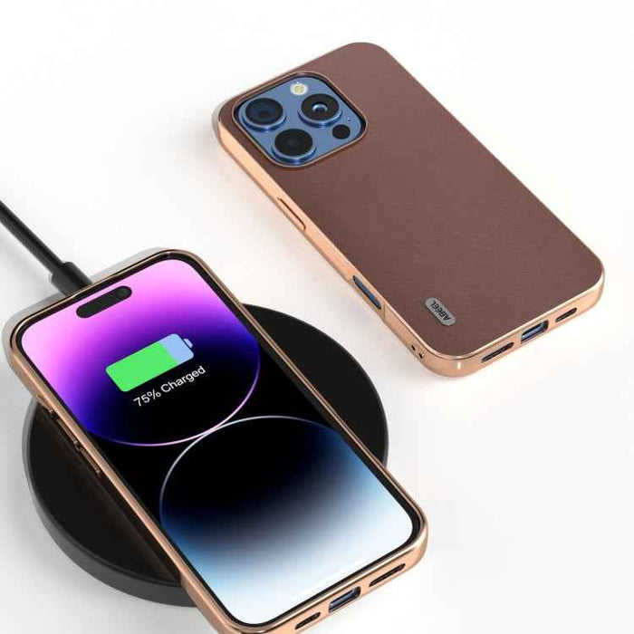 For iPhone 16 Pro Max ABEEL Electroplating Frame Genuine Leather Xiaoya Series Phone Case(Coffee)