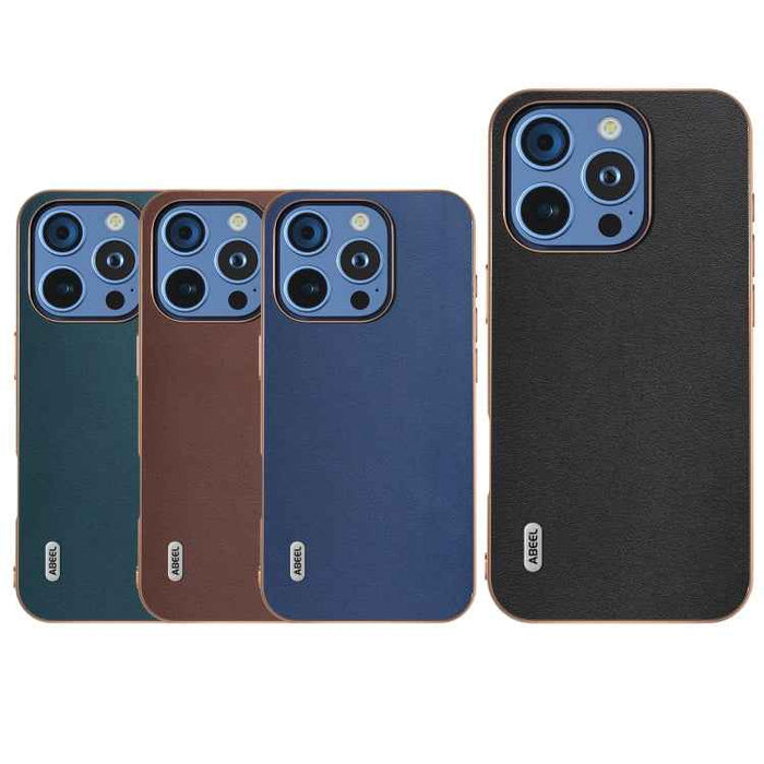 For iPhone 16 Pro Max ABEEL Electroplating Frame Genuine Leather Xiaoya Series Phone Case(Coffee)