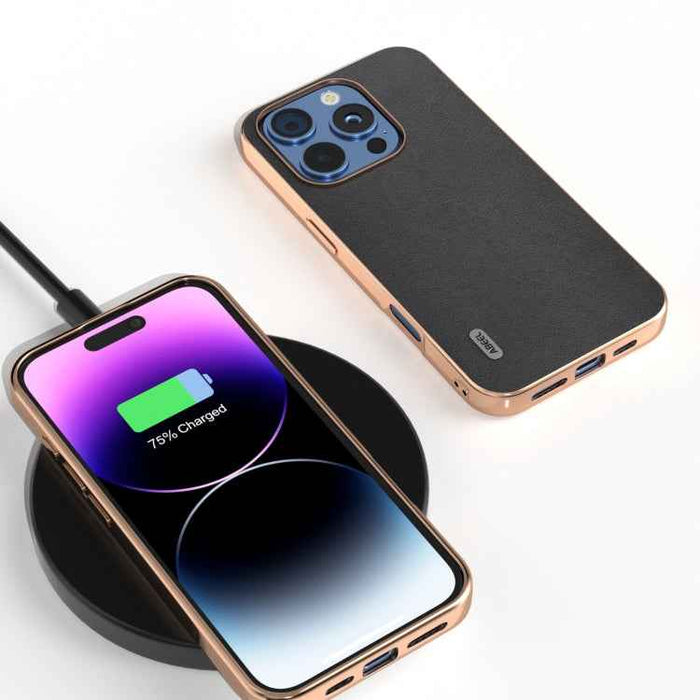 For iPhone 16 Pro Max ABEEL Electroplating Frame Genuine Leather Xiaoya Series Phone Case(Black)