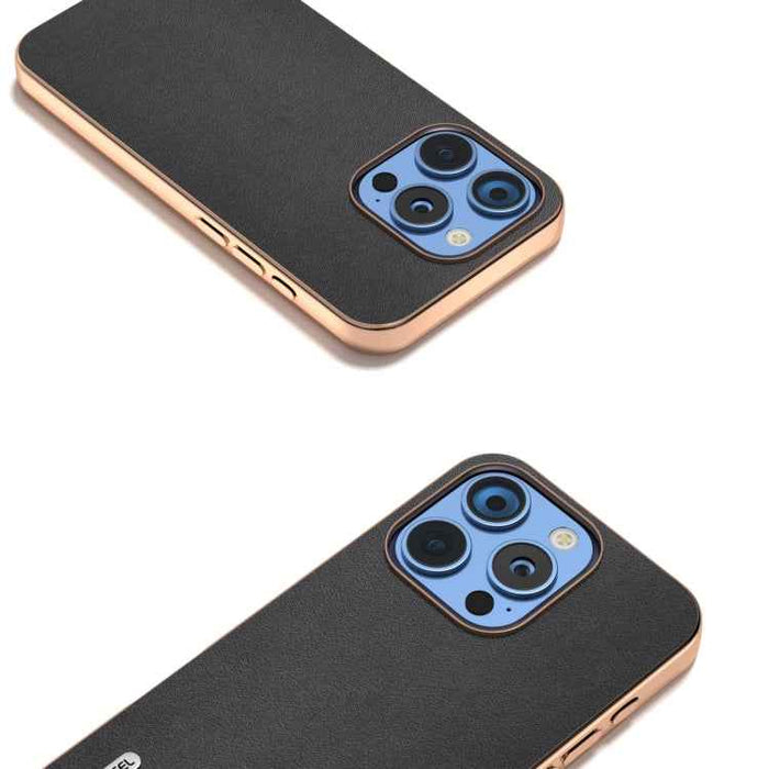 For iPhone 16 Pro Max ABEEL Electroplating Frame Genuine Leather Xiaoya Series Phone Case(Black)