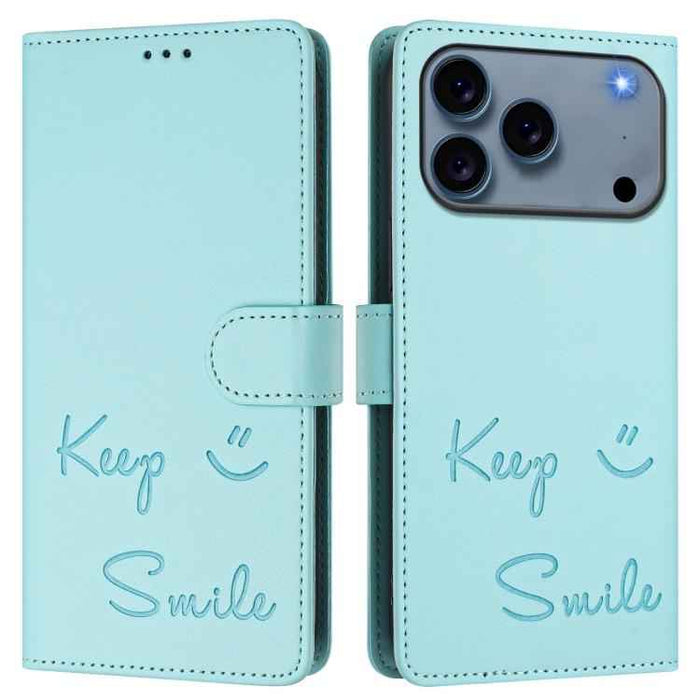 For iPhone 17 Pro Smile Embossing RFID Leather Phone Case(Mint Green)