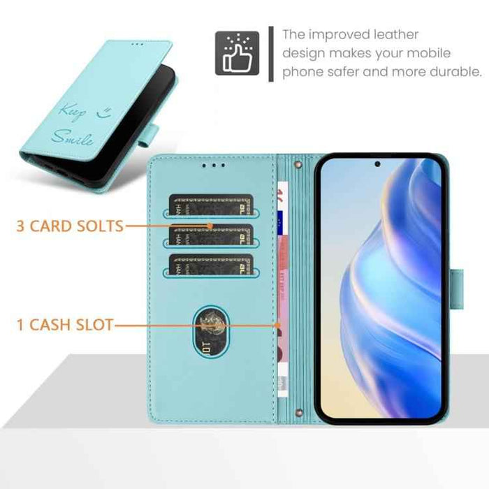 For iPhone 17 Pro Smile Embossing RFID Leather Phone Case(Mint Green)