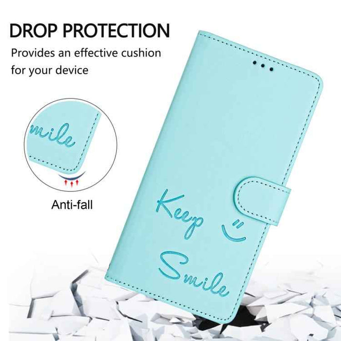 For iPhone 17 Pro Smile Embossing RFID Leather Phone Case(Mint Green)