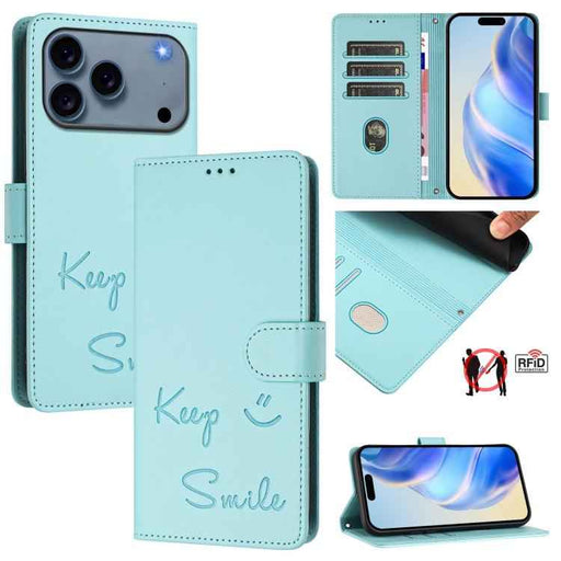 For iPhone 17 Pro Smile Embossing RFID Leather Phone Case(Mint Green)