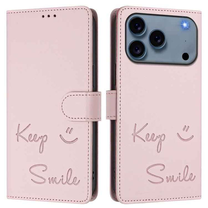 For iPhone 17 Pro Smile Embossing RFID Leather Phone Case(Pink)