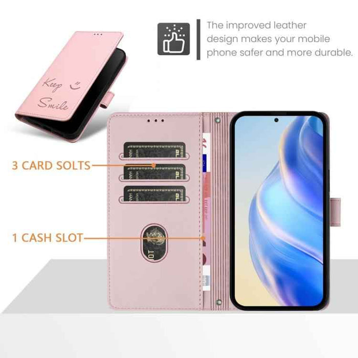 For iPhone 17 Pro Smile Embossing RFID Leather Phone Case(Pink)