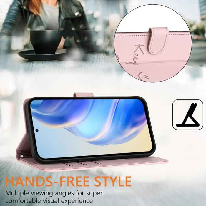For iPhone 17 Pro Smile Embossing RFID Leather Phone Case(Pink)