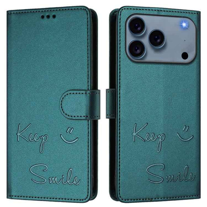 For iPhone 17 Pro Smile Embossing RFID Leather Phone Case(Peacock Green)