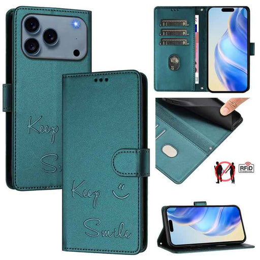 For iPhone 17 Pro Smile Embossing RFID Leather Phone Case(Peacock Green)