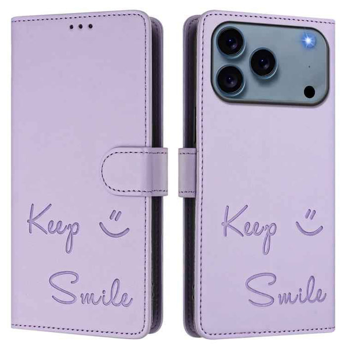 For iPhone 17 Pro Smile Embossing RFID Leather Phone Case(Light Purple)