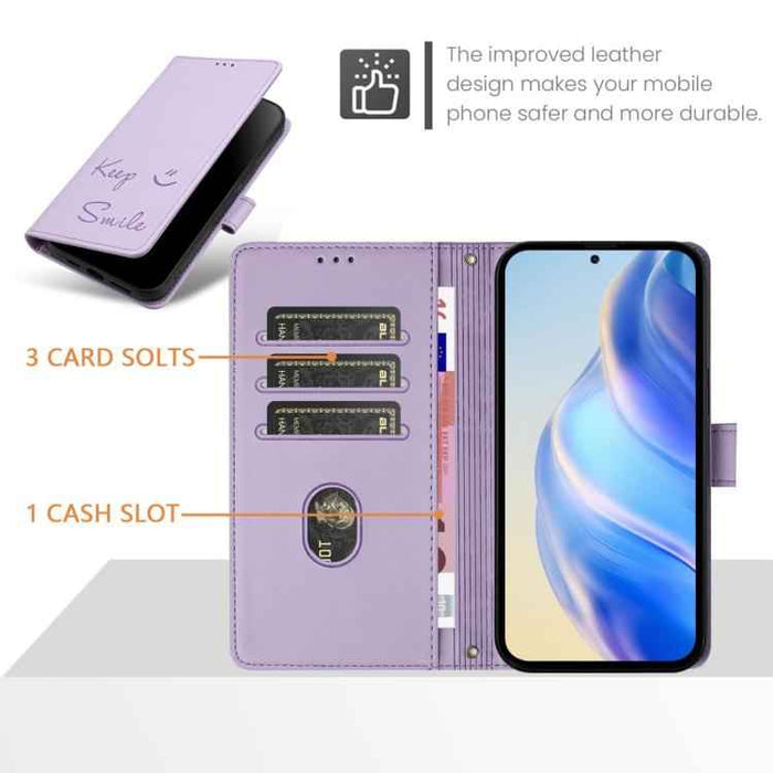 For iPhone 17 Pro Smile Embossing RFID Leather Phone Case(Light Purple)