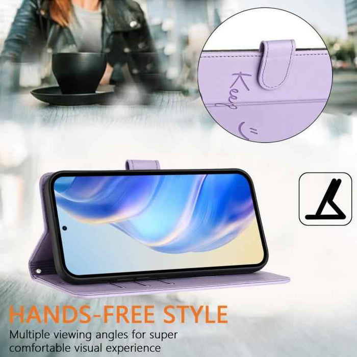 For iPhone 17 Pro Smile Embossing RFID Leather Phone Case(Light Purple)