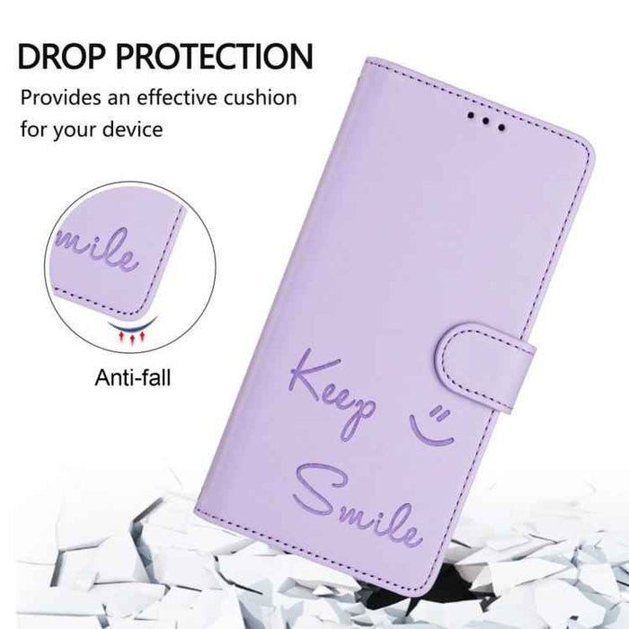 For iPhone 17 Pro Smile Embossing RFID Leather Phone Case(Light Purple)