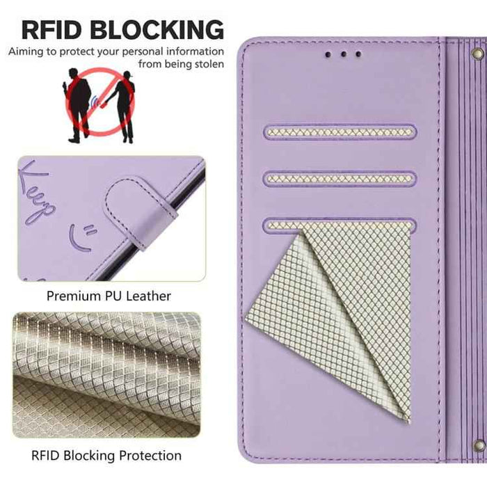 For iPhone 17 Pro Smile Embossing RFID Leather Phone Case(Light Purple)