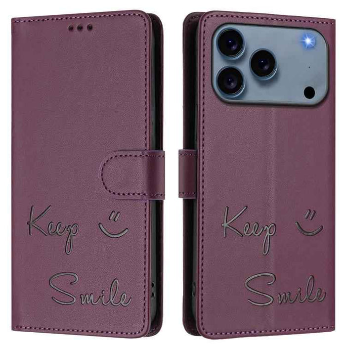 For iPhone 17 Pro Smile Embossing RFID Leather Phone Case(Violet)