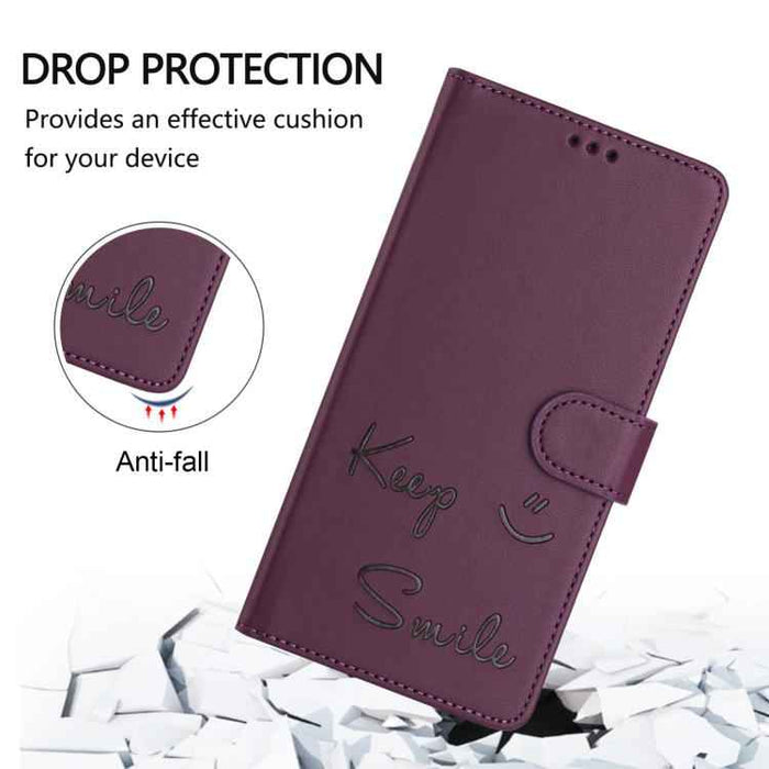 For iPhone 17 Pro Smile Embossing RFID Leather Phone Case(Violet)