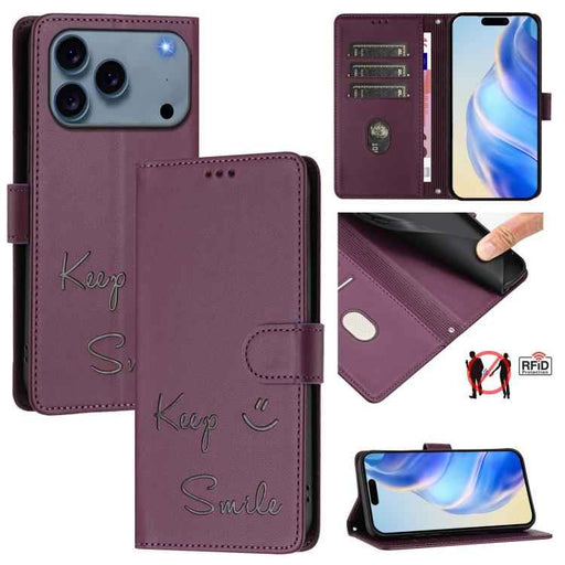 For iPhone 17 Pro Smile Embossing RFID Leather Phone Case(Violet)