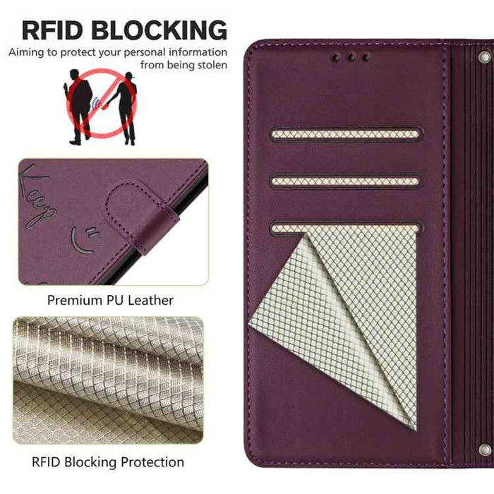 For iPhone 17 Pro Smile Embossing RFID Leather Phone Case(Violet)