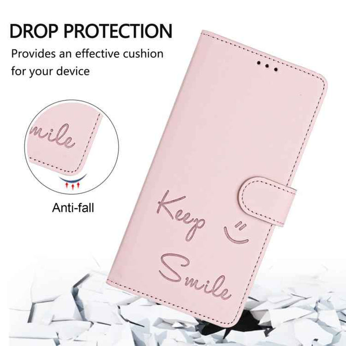 For iPhone 17 Pro Max Smile Embossing RFID Leather Phone Case(Pink)