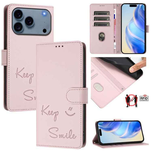 For iPhone 17 Pro Max Smile Embossing RFID Leather Phone Case(Pink)