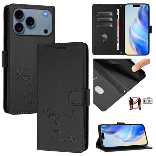 For iPhone 17 Pro Max Smile Embossing RFID Leather Phone Case(Black)
