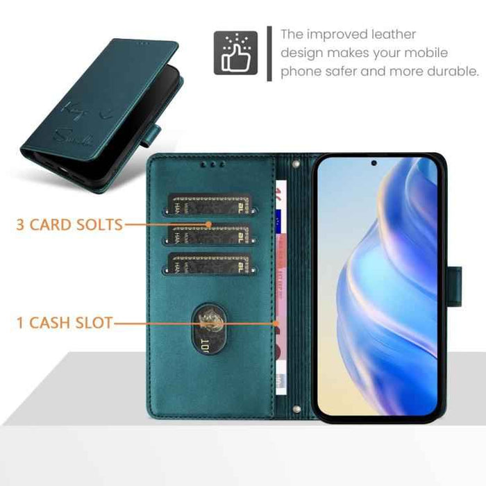 For iPhone 17 Pro Max Smile Embossing RFID Leather Phone Case(Peacock Green)