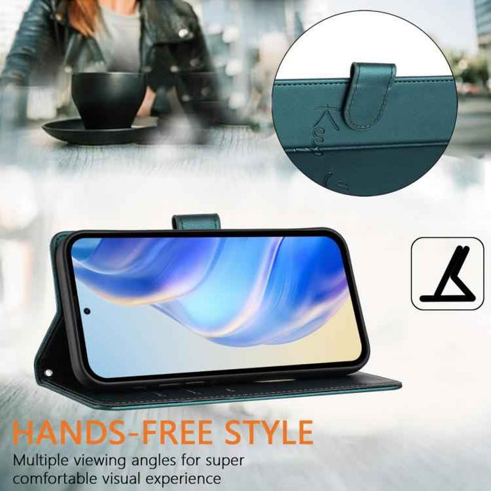 For iPhone 17 Pro Max Smile Embossing RFID Leather Phone Case(Peacock Green)