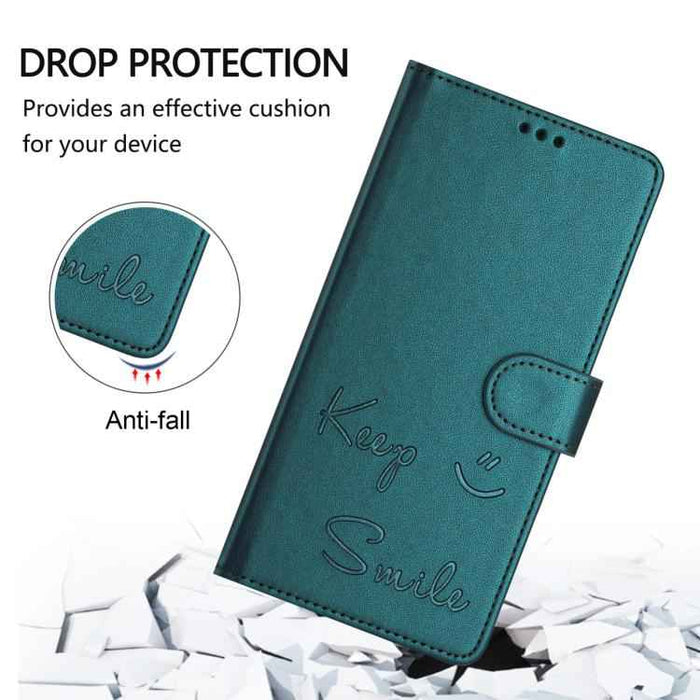 For iPhone 17 Pro Max Smile Embossing RFID Leather Phone Case(Peacock Green)