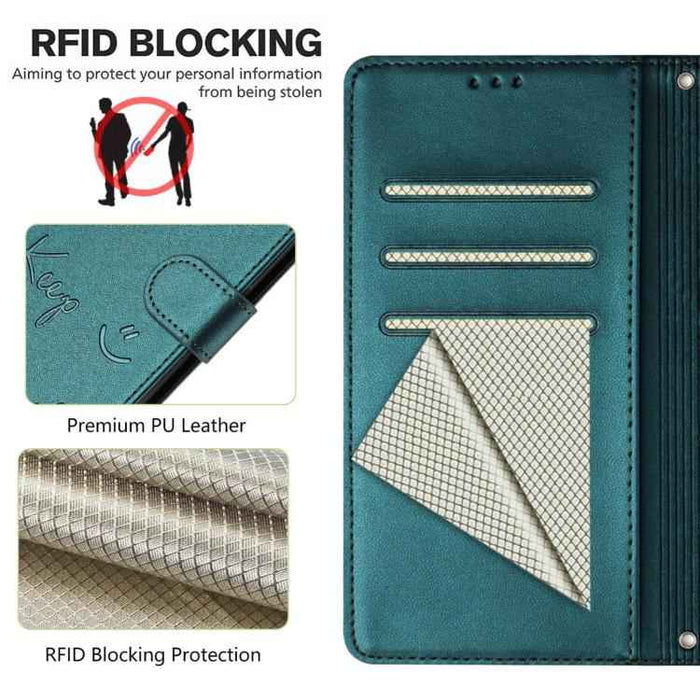 For iPhone 17 Pro Max Smile Embossing RFID Leather Phone Case(Peacock Green)