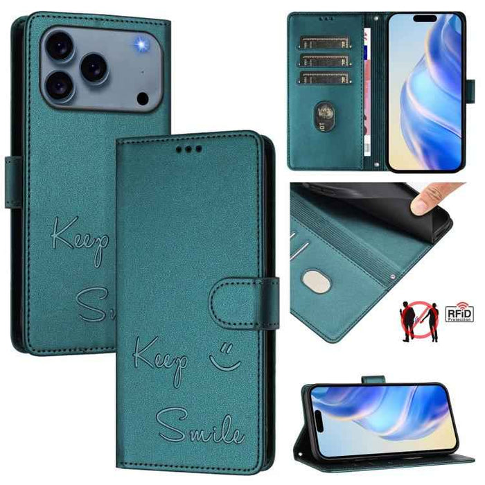 For iPhone 17 Pro Max Smile Embossing RFID Leather Phone Case(Peacock Green)