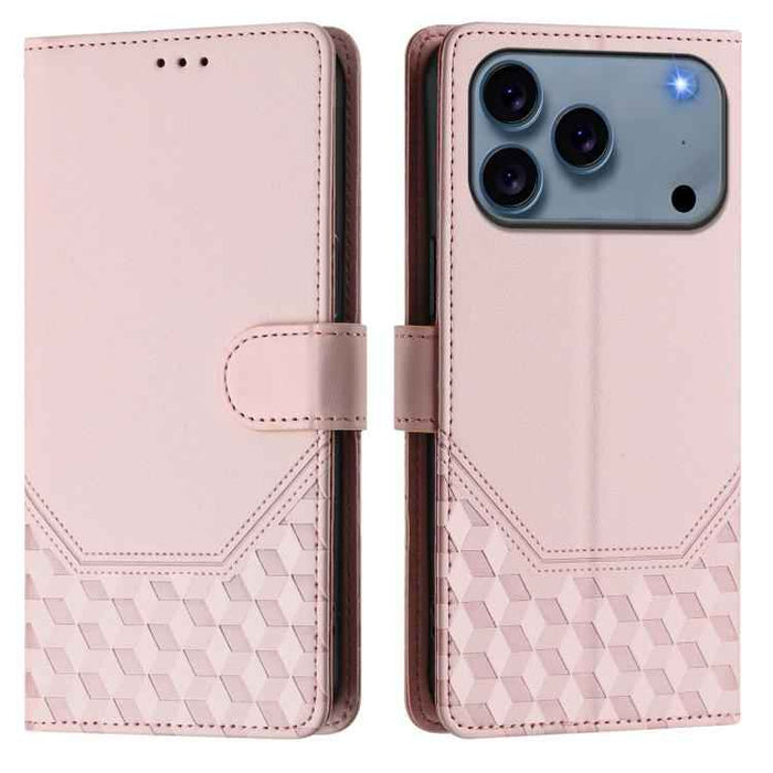For iPhone 17 Pro Honeycomb Embossing RFID Leather Phone Case(Pink)