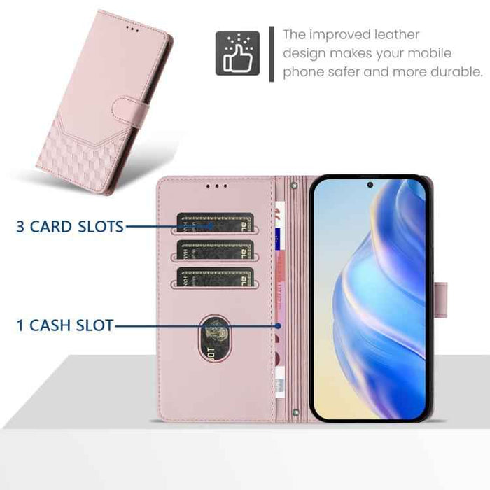 For iPhone 17 Pro Honeycomb Embossing RFID Leather Phone Case(Pink)
