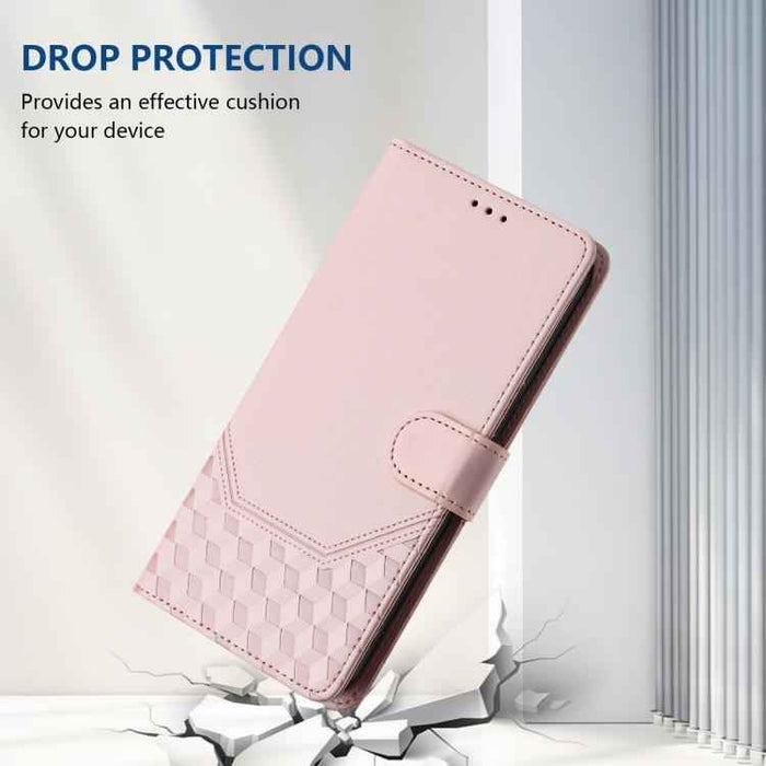 For iPhone 17 Pro Honeycomb Embossing RFID Leather Phone Case(Pink)
