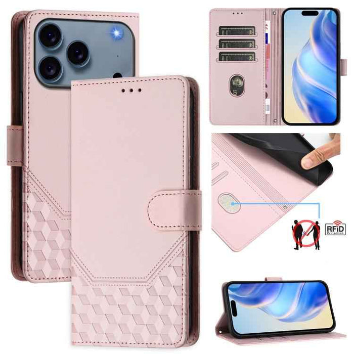 For iPhone 17 Pro Honeycomb Embossing RFID Leather Phone Case(Pink)